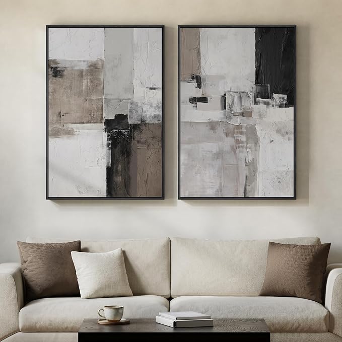 Framed Abstract Black and White Brown Wall Art for Living Room, Set of 2 Large Modern Prints Canvas Artwork for Walls, Minimalist Paintings Pictures Abstract Wall Decor for Bedroom Hallway, 24x36 Inch