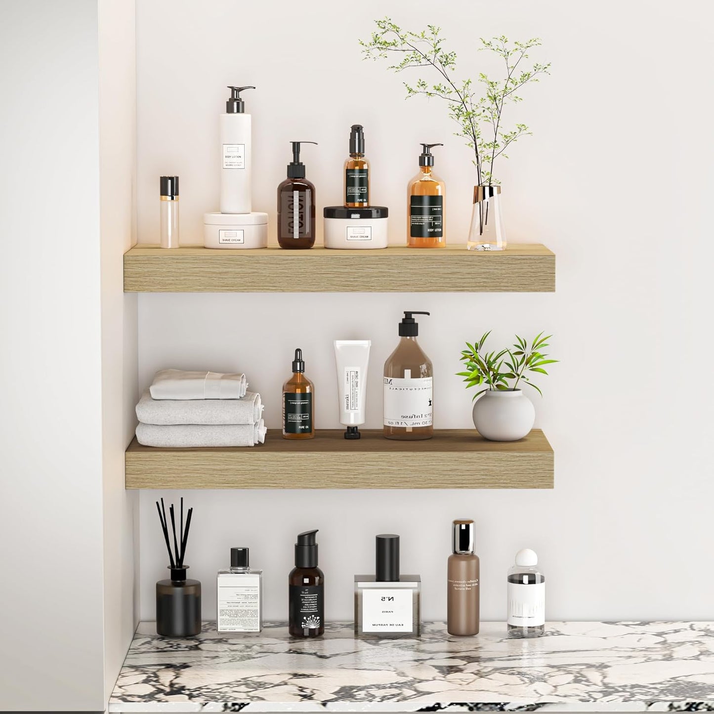 Fun Memories Floating Shelves - 16 Inch Wall Shelf for Decor & Storage - Wall Mounted Display Shelving with Invisible Heavy Duty Metal Bracket 2Pack, Oak