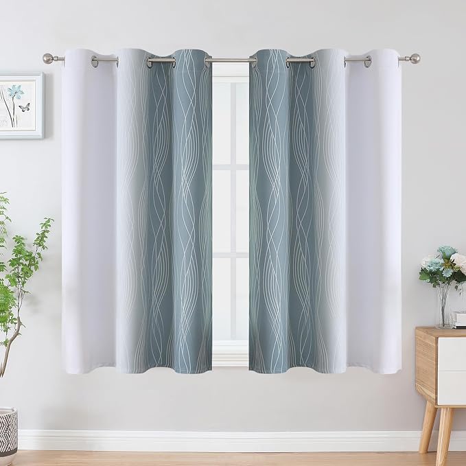 Estelar Textiler Stone Blue and Greyish White Ombre Blackout Curtains 45 Inch Length 2 Panels, Full Room Darkening Drapes for Bedroom, Thermal Insulated Grommet Short Curtains for Bathroom,42Wx45L