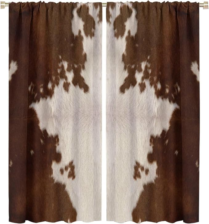 Cow Print Blackout Curtain, Animal Fur Brown Cowhide Western Farm Style Window Treatments Rod Pocket Curtain for Bedroom Living Room Kitchen Decor Drapes 55x63in