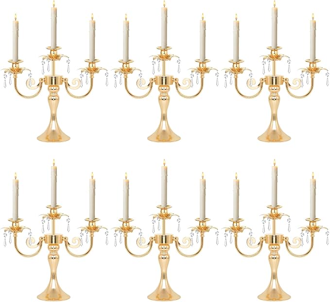 Metal 3 Arm Gold Candelabra with Crystal Pendants - 11.8 Inch Tall Candle Holders, Set of 6 - Elegant Taper Candlestick Stand for Wedding, Dining Table, Party Home Decoration