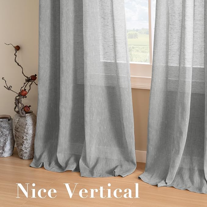 H.VERSAILTEX Linen Curtains Flax Linen Blended Curtain Panels for Living Room/Bedroom Semi Sheer Privacy Curtains 63 inch Length 2 Panels Set Nickel Grommet Window Drapes, Grey