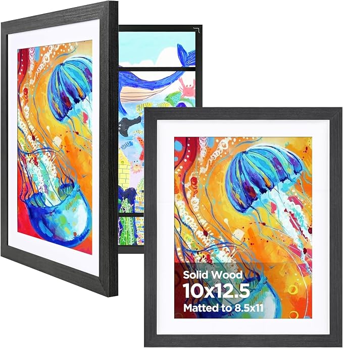 KINLINK 10x12.5 Kids Art Frame 2 Pack, Solid Wood Artwork Frames Changeable, Front Opening Hold 150 Pictures, Art Frames for Kids Artwork, 8.5x11 with Mat 10x12.5 without Mat, Picture Frames Black Wood