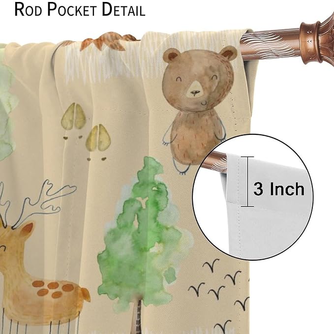 Rustic Animal Curtains, Wild Forest Animal Bear Fox Deer Kids Window Treatments for Living Room Bedroom, Farmhouse Woodland Blackout Drapes 2 Panel Sets, 72x63 Inch