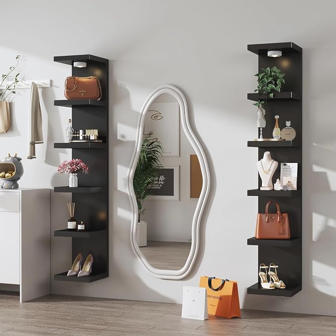2 Pack 6-Tier Vertical Wall Shelf Unit with USB Rechargeable Led Light (Remote Controlled),Versatile Floating Display Shelves,Lack Style Wall Shelves for Bedroom,Living Room,Office Decor,Vanity-Black
