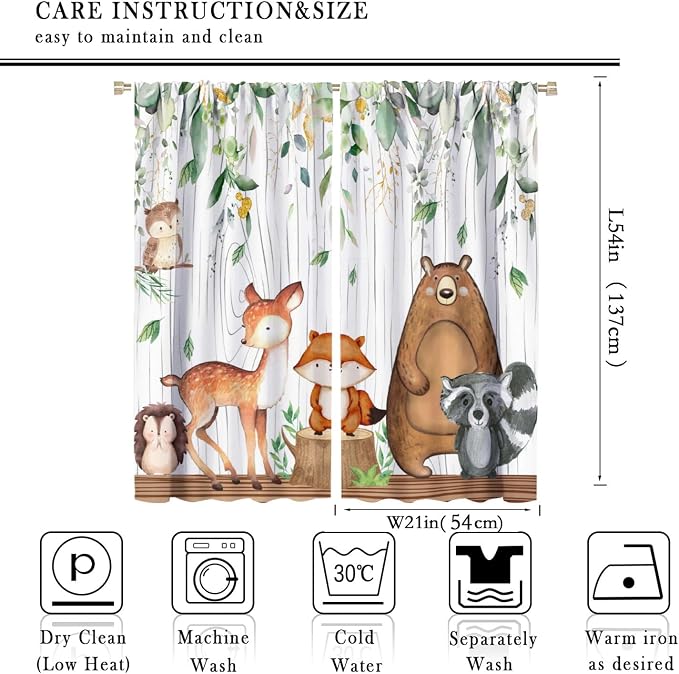 Forest Animal Curtains, Watercolor Wild Animal Bear Fox Deer Kids Window Treatments for Living Room Bedroom,Green Woodland Tree Kids Drapes 2 Panel Sets,42x54 Inch