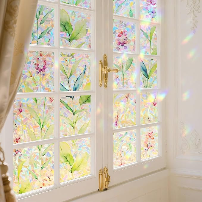 Donox Decorative Window Privacy Film, 3D Floral Stained Glass Window Film Static Cling Rainbow Privacy Sticker for Glass Door Heat Control Anti UV, No Adhesive (Gladiolus,23.6 x 157.4 inches)