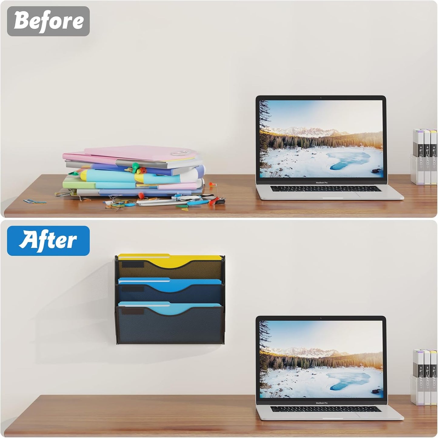 3 Tier Hanging Wall File Organizer, Mesh Mail Paper Orgnization Hanging File Folder Holder for Home Office, Black