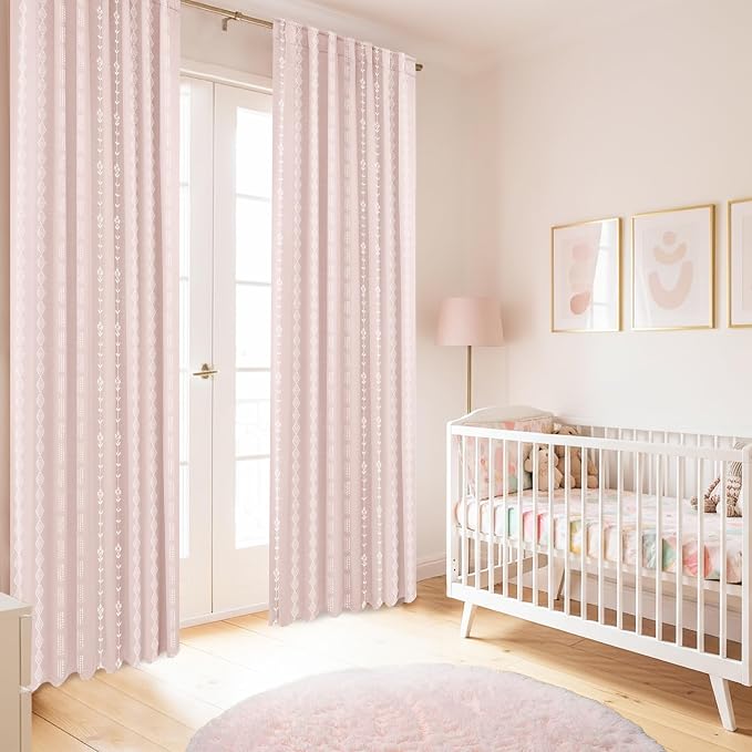 Lino Rosa Light Baby Pink and White Preppy Curtains for Girls Bedroom, Boho Nursery Curtains Girl