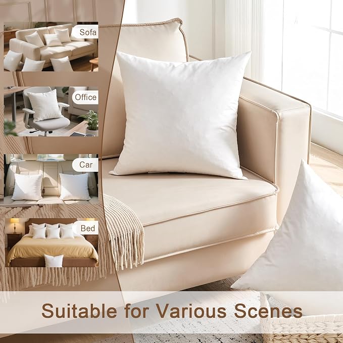 Organic Feather Down Throw Pillow Inserts (28x28 Inch, Set of 2) - 100% Cotton Shell, Filling of Feathers, Euro Square Decorative Pillow Form Core for Couch, Sofa, and Bed