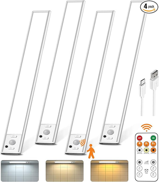 12inch Under Cabinet Lighting with Remote, 2500mAh Rechargeable Motion Sensor Light Indoor, LED Closet Lights with Timer, Dimmable, Magnetic, 3 Color Temps Wireless for Kitchen, Pantry, Stair, 4 Pack