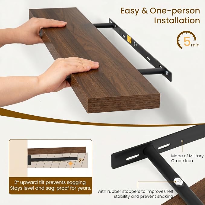 Dreamland Walnut Floating Shelves, Wall Mounted Shelves for Storage and Home Decor, Rustic Wood Shelves for Bathroom, Living Room, Bedroom and Kitchen, 16" x 6.7" Set of 2