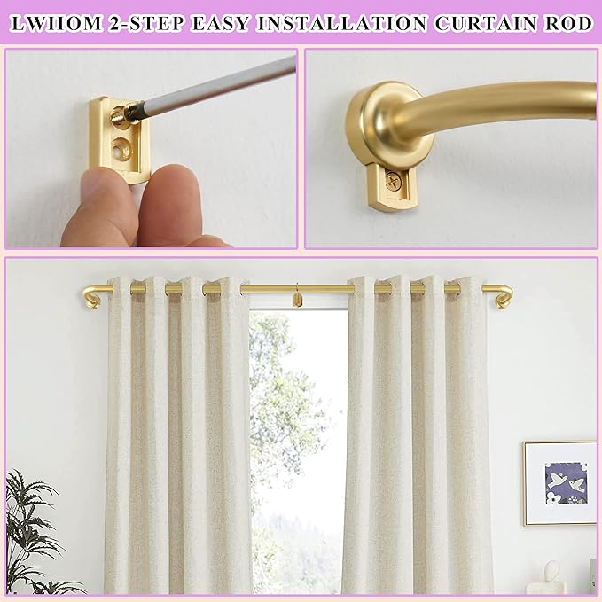 Brass Disc Curtain Rods, 28-48 Inches Window Curtain Rod,Adjustable Room Darkening Drapery Rod with Aluminum Finials and Brackets,Wrap Around Design