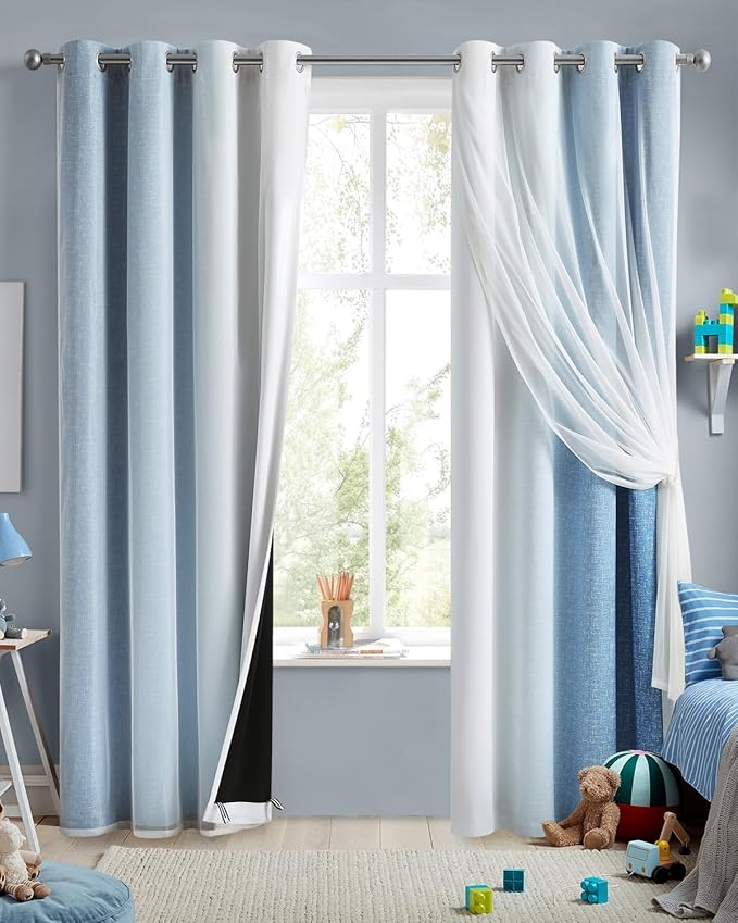 Ombre 100% Blackout Curtains 90 Inches Long 2 Panels for Bedroom Living Room Blue and White Double Layer Sheer Overlay Mix & Match Grommet Thermal Soundproof Drapes with Tiebacks, 52x90