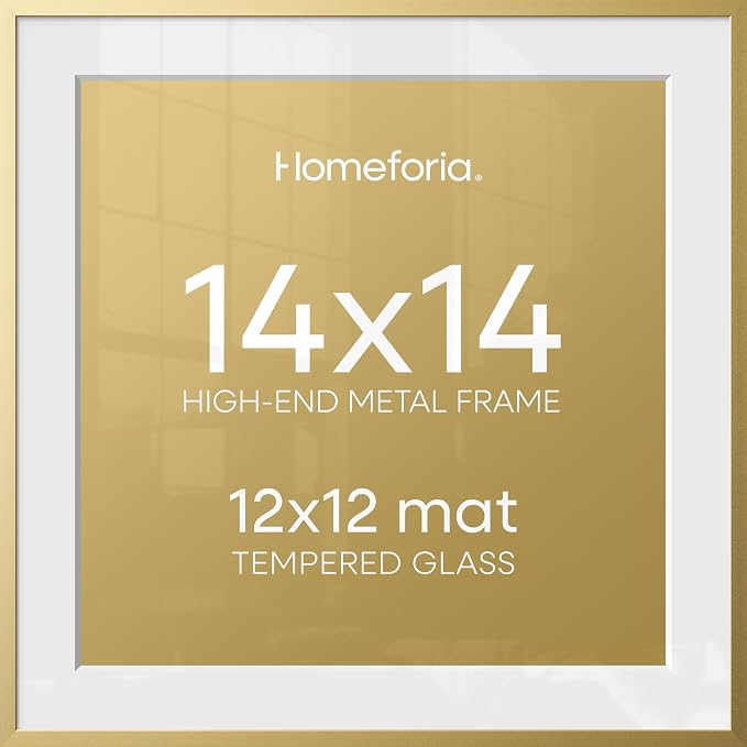 Homeforia 14x14 Picture Frame Gold, High End Metal 14 x 14 Square Poster Frame with Mat 12 x 12 Photo, 14x14 Frame Matted to 12x12 Print, 14by14 Gold Hanging Frames, Tempered Glass, Wall Kit, Set of 2