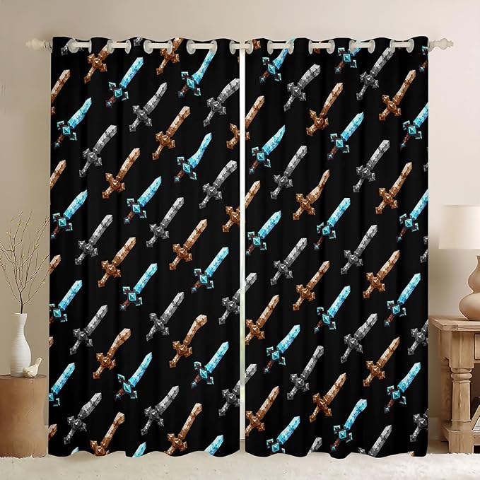 Castle Fairy Sandbox Sword Window Curtain,Pixelated Themed Swords Bedroom Decor Curtains,Boys Teens Block Building Games Window Treatment Grey Black Modern Blackout Drapes 2 Panels,52Wx96L