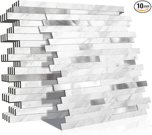 KASARO Peel and Stick Marble Backsplash Tile, 10 Sheets, White Marble with Silver Embellished Stripes, Self-Adhesive Wall Tile for Kitchen, Bathroom, Fireplace, RV (11.4” x 10.6”)