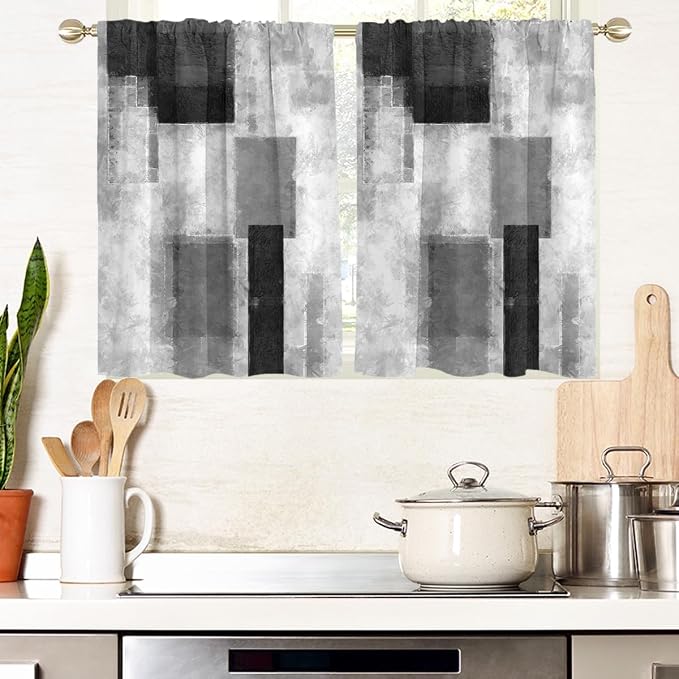 AAtter Black Grey and White Window Curtains for Kitchen Gray Art Abstract Aesthetic Small Short Home Living Room Bedroom Bathroom Drapes Treatment Tiers Fabric 1 Pair, 27.5" W x 39" L, Modern
