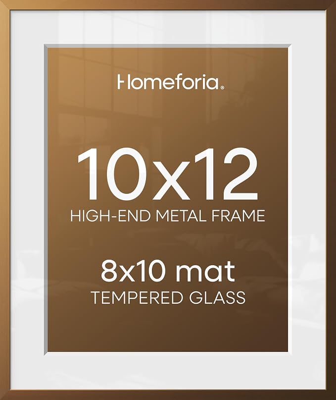 Homeforia 10x12 Bronze Picture Frame, High End Metal 10x12 Brass Frame with Mat 8x10, 10 x 12 Poster Frames Matted to 8 x 10 inch Photo, 10 by 12 Bronze Thin Frames, Tempered Glass, Wall Kit, Set of 1