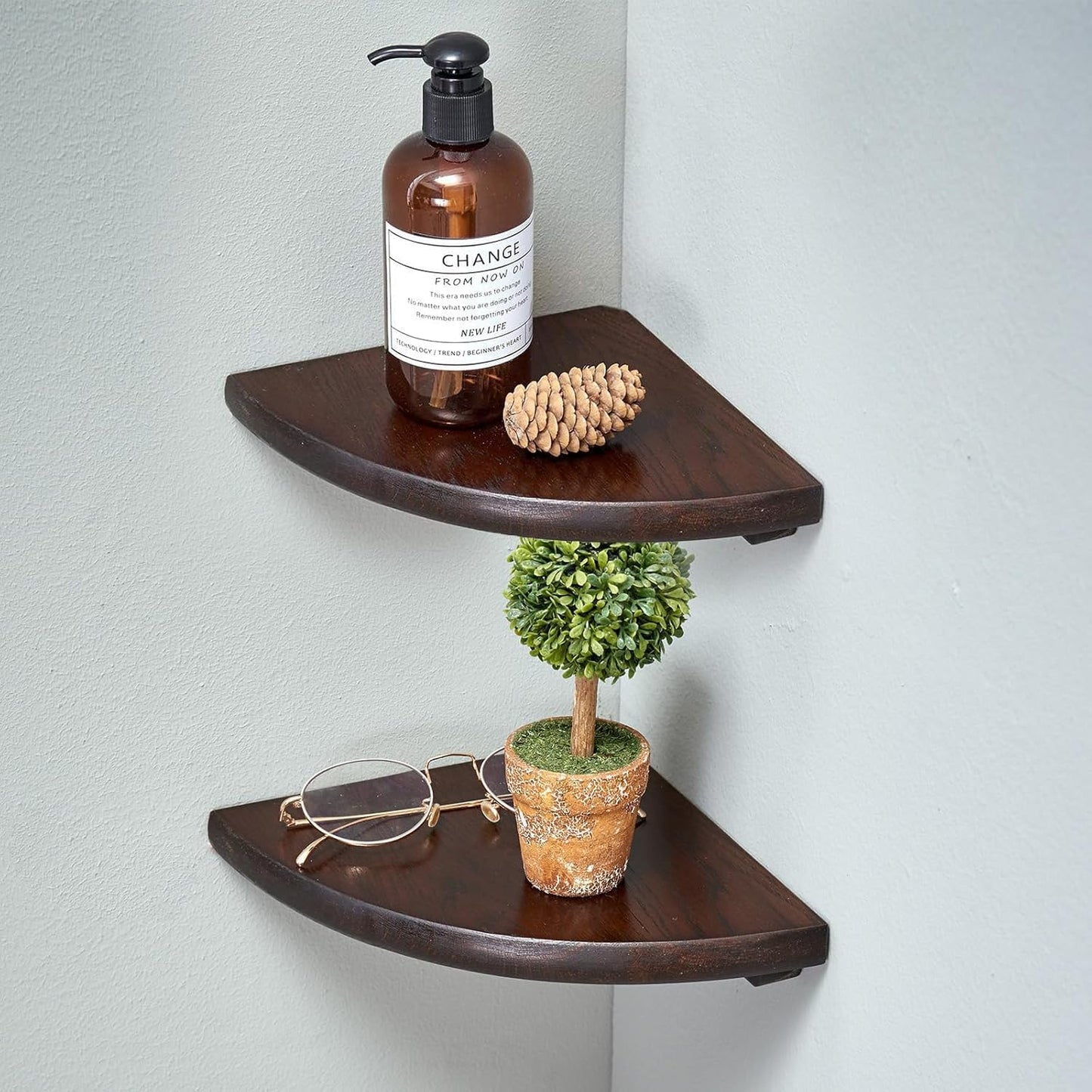 Corner Shelves, Floating Corner Shelf, Set of 2 Solid Oak Wood Wall Shelves, Round End Wall Mount with Wire Hole Shelving for Small Plant for Bedroom Kitchen, Living Room Walnut 8.7”