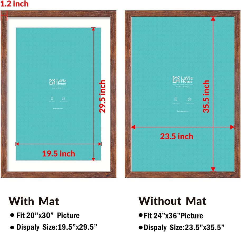 LaVie Home 24 x 36 Picture Frame Brown Poster Frame,Display Pictures 20x30 with Mat or 24x36 Without Mat, Stable and Sturdy Frame and Polished Plexiglass, Suitable for wall decoration（1 Pack）