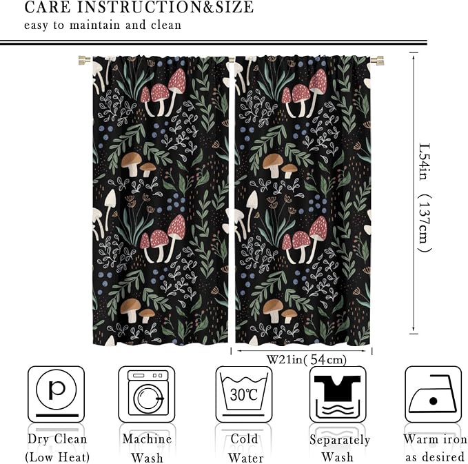 Mushroom Curtains, Cartoon Green Leaves Mushroom Wildflower Plant Botanical Boho Herb Nature Garden Print Blackout Window Drapes for Living Room Kids Bedroom 42x54 Inch