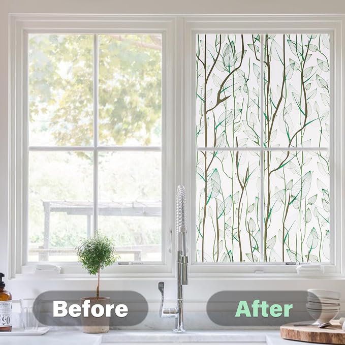 Donox Frosted Glass Window Film Heat Control UV Blocking, Static Cling Reusable Home Bathroom Door Window Privacy Film, Green Leaf Pattern Window Covering with Installation Tool, 17.5 in x 6.5 feet