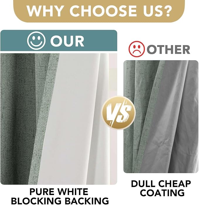 H.VERSAILTEX Linen Curtains 100% Blackout Curtains for Bedroom 90 inch Long Full Light Blocking Nature Linen Blended Window Curtains for Living Room Nickel Grommet (2 Panels, Green Bay)