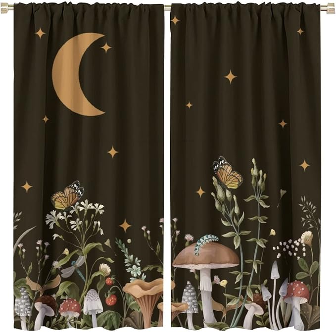 Wild Mushroom Blackout Curtains,Retro Floral Plants Boho Moon Star Window Drapes,Butterfly Botanical for Living Room Kitchen Bedroom,Black Background 63x72in