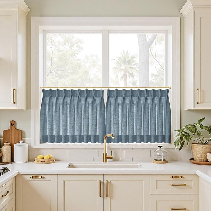 TWOPAGES 26" W x 18" L Linen Blend Cafe Curtains for Kitchen Window, Light Filtering Pinch Pleated Tier Curtains, Modern Farmhouse Half Window Curtains for Small Window, Aegean Blue, 2 Panels