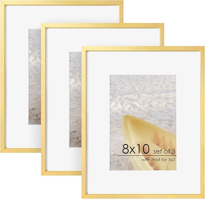 FLYJOE 8x10 Picture Frame - 8 by 10 Metal Picture Frame With Mat | 8 x 10 Aluminum Photo Frame | Plexiglass And Hanging Hardware Included | 8x10 Gold Frame | Set of 3, Gold