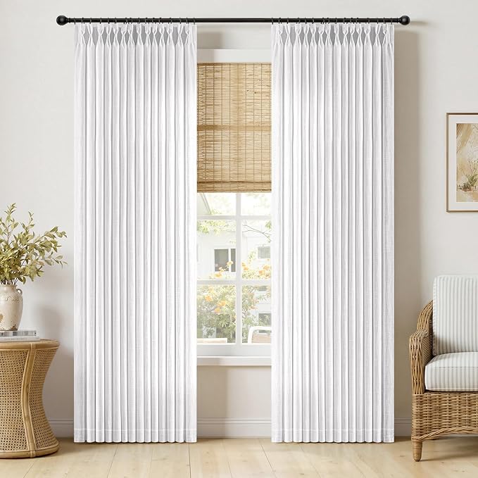 MIULEE Pinch Pleated Thick Linen Curtains 84 Inches Long 2 Panels, White Linen Texture Memory Trained Drapes for Living Room Bedroom, Pinch Pleat Light Filtering Farmhouse Window Curtains with Hooks