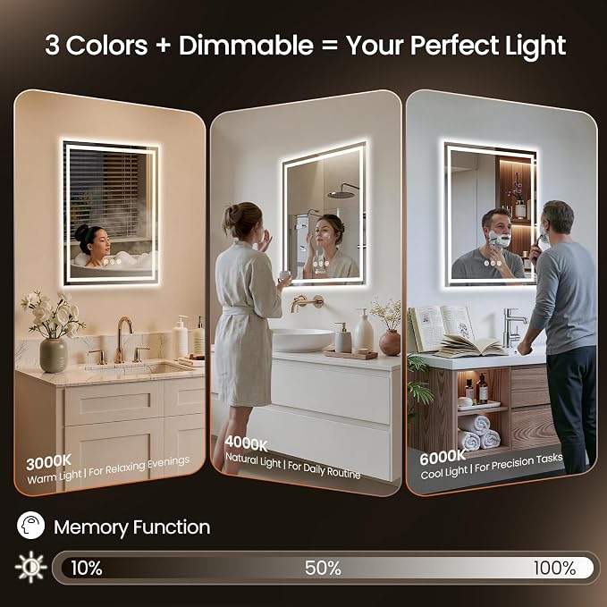 28X36 LED Bathroom Mirror with Lights, Anti-Fog, Backlit + Front Lit, Lighted Bathroom Vanity Mirror for Wall, Memory Function, Dimmable, Tempered Glass, Shatter-Proof