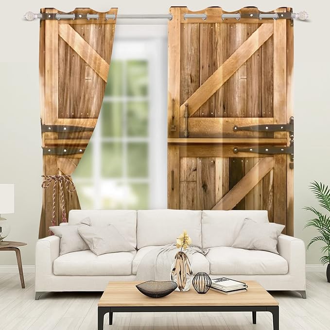 Vintage Wooden Door Curtains - Rustic Yellow Brown Barn Door Curtains for Old Garage - Rural Style Window Drapes - 42x96 inch, 2 Panels