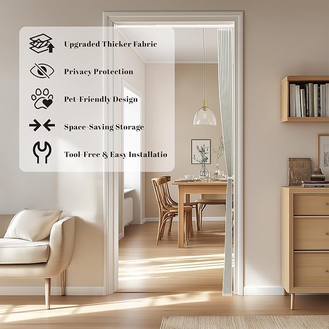 AJAZZ Blackout Accordion Door Sets Included Rod (1 Pack, 43W x 78 L, Beige) Invisible Accordion Doors Interior Magnetic Door Curtain for Bedroom Living Room Doorway Curtain