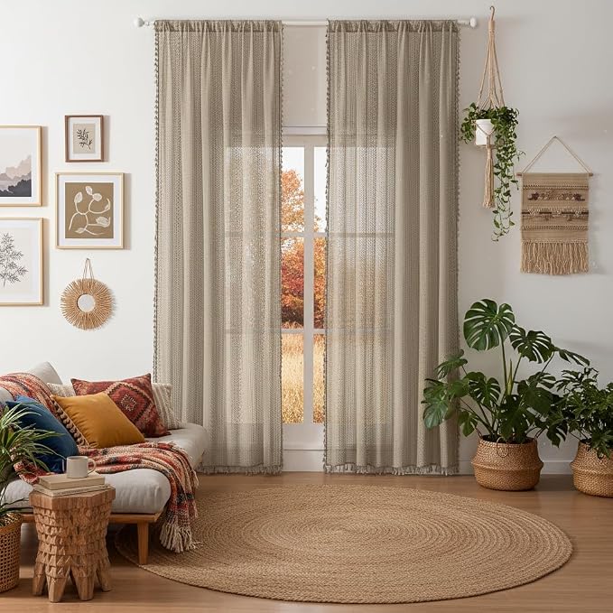 WAZZIO Boho Lace Curtains 84 Inches 2 Panel,Light Filtering Privacy Tassel & Geometry Crochet Semi Sheer Curtain Drapes for Bedroom Living Dining Room,Rod Pocket & Tassel,Earthy Color Taupe