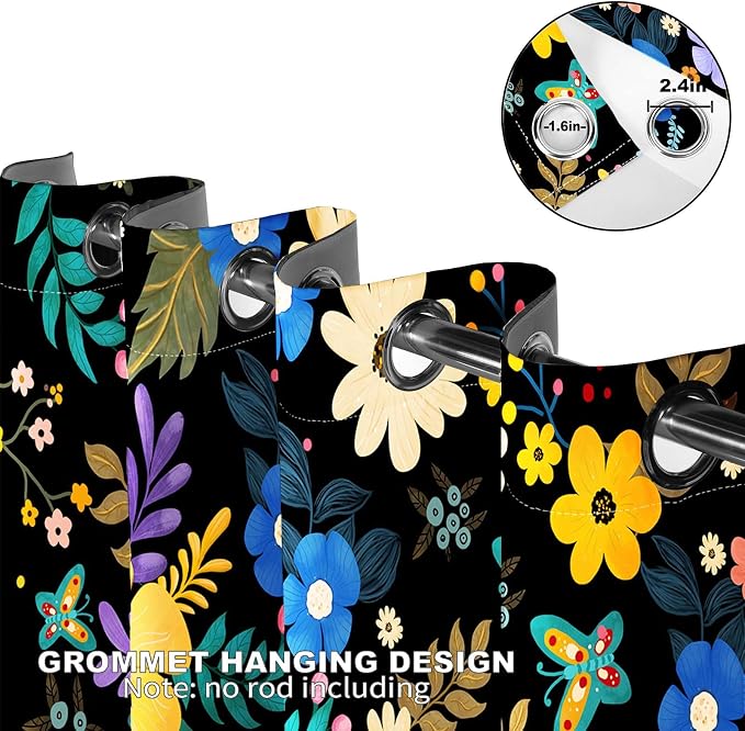 Colorful Flowers Floral Curtains Boho Pile Flowers Halloween Spring Summer Decor Women Girls Wife Mom Kids Bedroom Nursery Kitchen Dining Living Room Darkening Grommet Window Drapes 2 Panels, 52"x84"