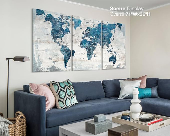 Large World Map Canvas Wall Art for Home Office Living Room Decor | Framed Artwork Oversized Blue Global Maps Pictures Inspirational Wall Decor for Apartment Masculine House