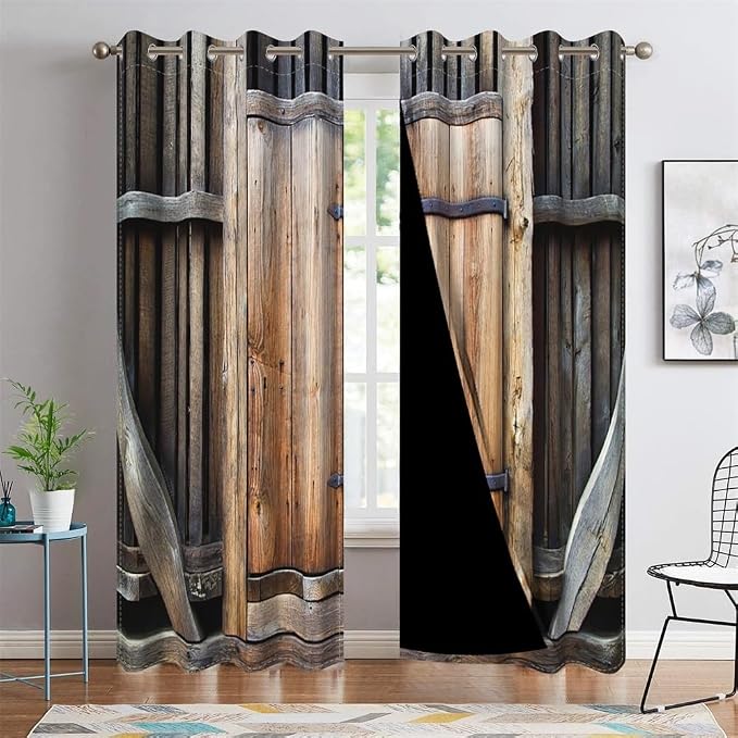 Rustic Farm Kitchen Curtains Farmhouse Old Wooden Door Vintage Barn Door Blackout Window Drapes for Living Room Bedroom Rural Room Darkening Window Treatment,42x84 inch,2 Panels