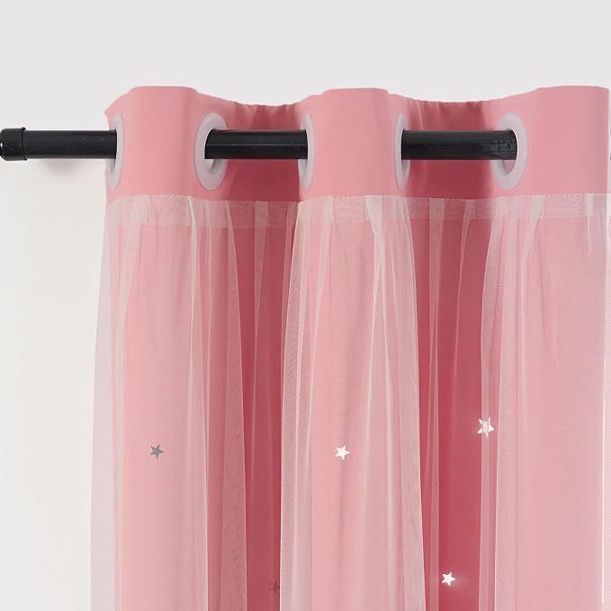 Pink Curtains Drapes Blackout 60 Inches Long Cute Star Cutout Nursery Decor | Girls Room Darkening Curtain Double Layer Tulle Lace Sheer 2 Panels Kids Thermal Insulated Bedroom Window Treatments Cortinas