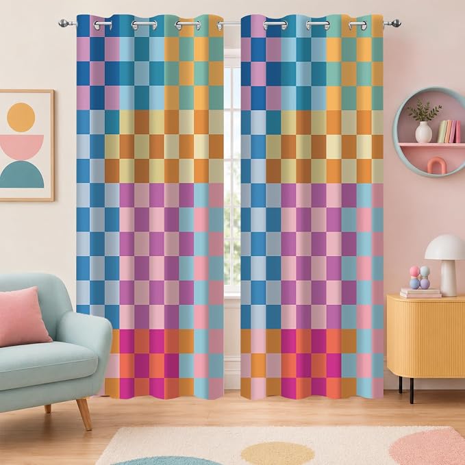 Multicolored Checkerboard Blackout Curtains, Mid Century Modern Colorful Vibrant Checkered Room Darkening Thermal Insulated Grommet Window Drapes for Living Room Bedroom Decor 2 Panels 52x84 Inches