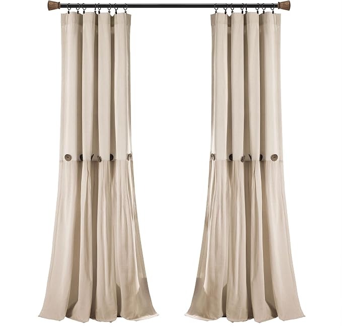 Lush Decor Linen Button Window Curtain Panel, Single, 40" W x 108" L, Dark Linen - Country Curtains - Rustic Decor - Color Block Modern Farmhouse Curtains For Living Room, Bedroom & Dining Room