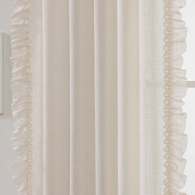 Ruffle Curtains 63 Inch Length 2 Panels, Natural Linen Textured Ruffled Curtains for Bedroom, Rod Pocket Privacy Light Filtering Farmhouse Semi-Sheer Scalloped Flowy Drapes for Windows, 58 x 63 Inch