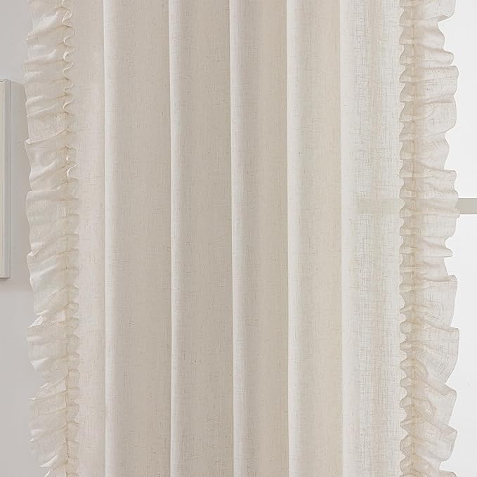 Farmhouse Curtains 84 Inches Long 2 Panels Natural Linen Textured Ruffle Curtains for Bedroom Living Room, Rod Pocket Privacy Flowy Drapes Semi-Sheer Cottage Scalloped Edge Curtain Set, W47xL84 Inch