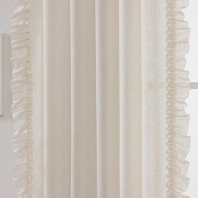 Natural Linen Ruffled Curtains for Bedroom, 2 Panels W47 x L72 Inch Light Filtering Semi-Sheer Linen Curtains Rod Pocket Shabby Chic French Country Boho Style Vintage Privacy Window Drapes Ruched Edge