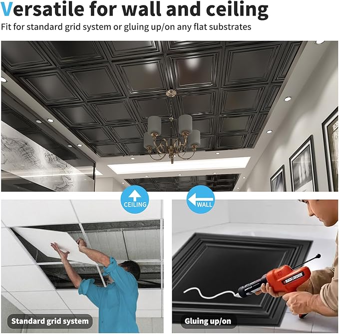 Art3d PVC Ceiling Tiles 2x2 ft 24-Pack (Covers 96 Sq.ft) - Paintable 3D Design, Water & Corrosion Resistant, Easy Install for Drop Ceiling & Flat Substrates, Home & Commercial Decor, Black