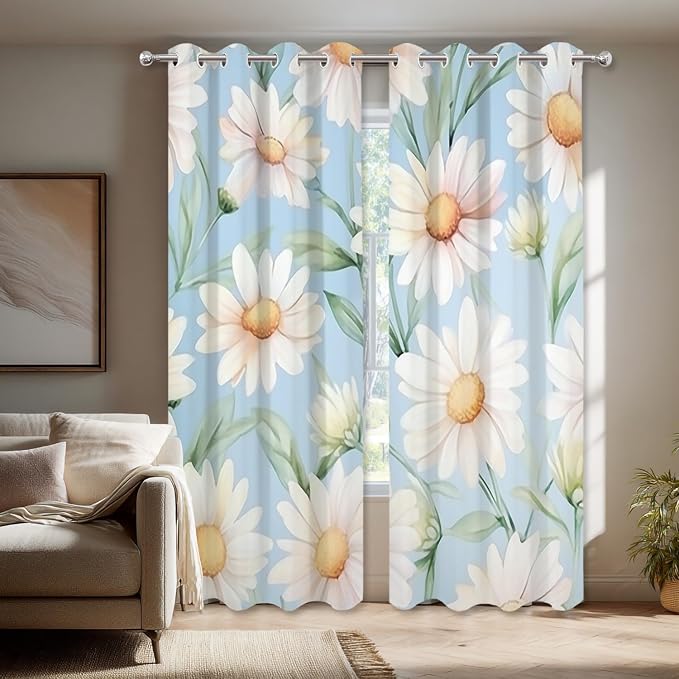 Shrahala Daisies Leaves Thermal Insulated Blackout Window Curtains, White Daisies On Blue Long Drapes for Bedroom/Living Room with Plastic Grommet, 52X63 Set of 2