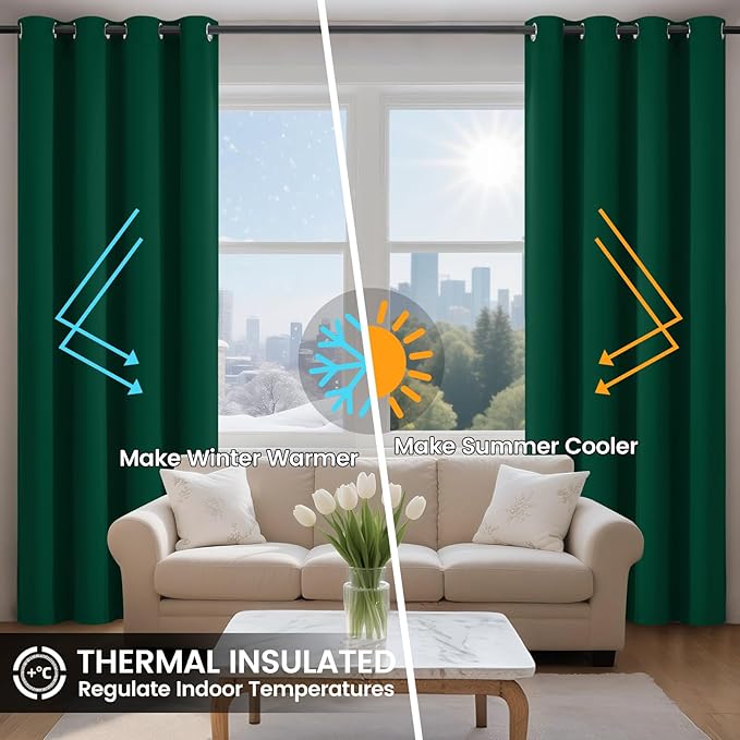 COSVIYA 100% Green Blackout Curtains for Bedroom Living Room 84 Inches Length 2 Panels Set, Full Light Blocking Thermal Insulated Grommet Nursery Window Treatment Drapes with Black Liner,W40 x L84