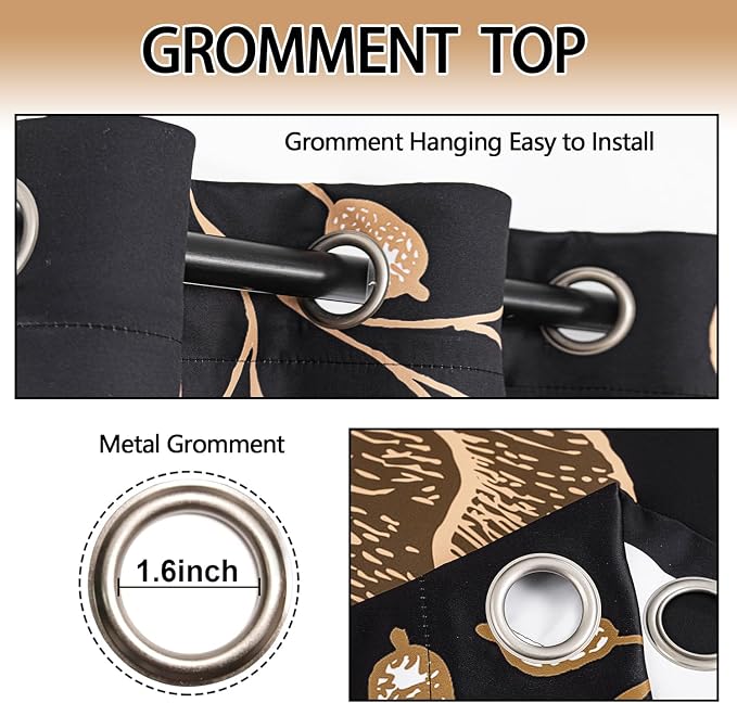 Boho Floral Blackout Curtain, Black Gold Flowers Aesthetic Art Curtains Darkening Thermal Insulated Grommet Window Drapes for Living Room Bedroom Decor 2 Panels 52x84 Inches