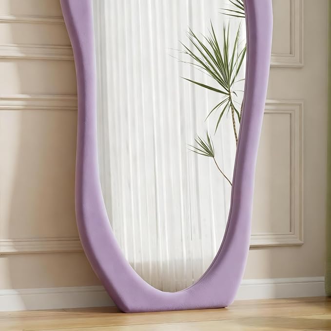 Dewfig Full Length Mirror, 63" x 24"Irregular Mirror, Large Floor Length Mirrors Wall Mounted, Standing Mirrors with Flannel Wrapped Wooden Frame for Bedroom/Living Room, Purple